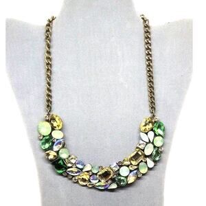 Green multi crystal/rhinestone statement necklace on brass